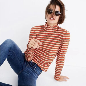 Madewell Striped Cowl Neck Sweater in Orange and White